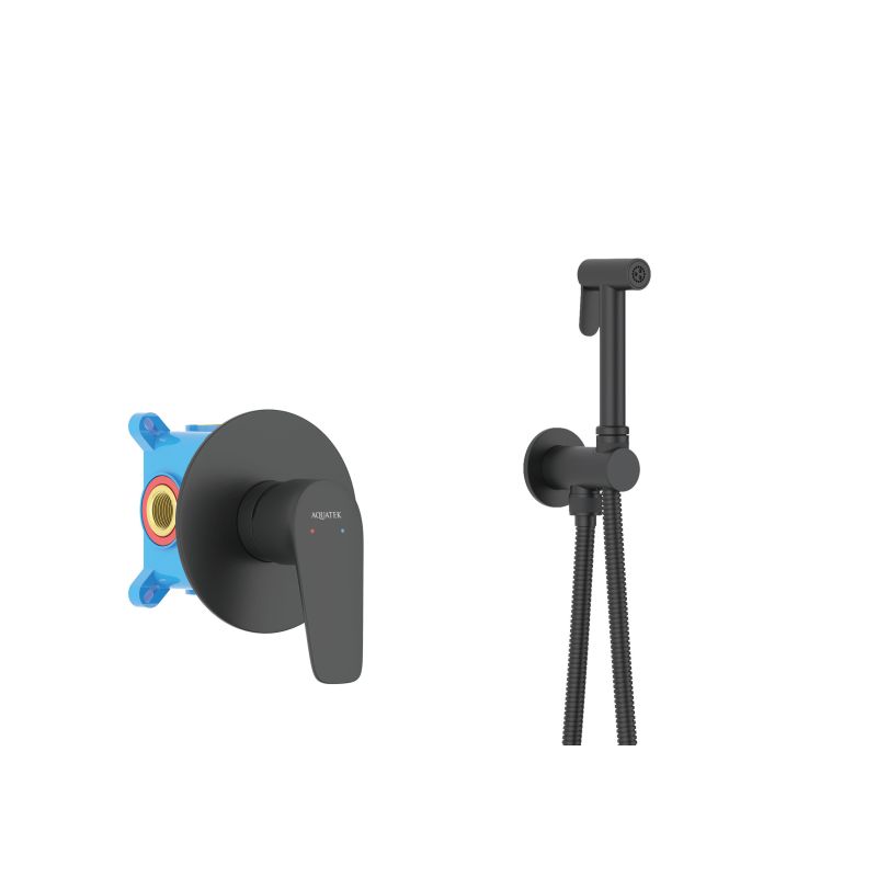 Набор с гигиеническим душем (смеситель + гигиеническая лейка + шланг + шланговое подсоединение с держателем) Aquatek, матовый черный AQ1119MB БЕТТА