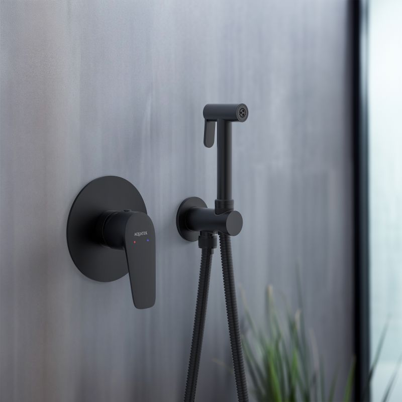 Набор с гигиеническим душем (смеситель + гигиеническая лейка + шланг + шланговое подсоединение с держателем) Aquatek, матовый черный AQ1119MB БЕТТА