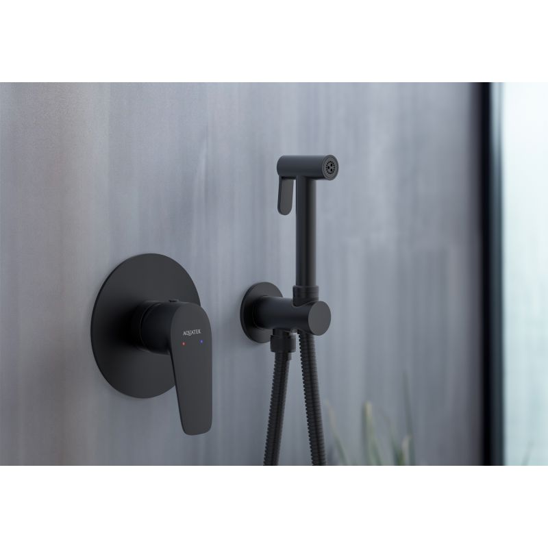 Набор с гигиеническим душем (смеситель + гигиеническая лейка + шланг + шланговое подсоединение с держателем) Aquatek, матовый черный AQ1119MB БЕТТА