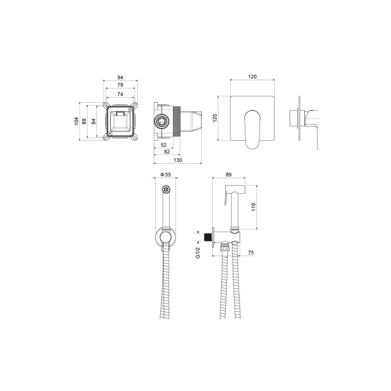 Набор с гигиеническим душем (смеситель + гигиеническая лейка + шланг + шланговое подсоединение с держателем) Aquatek, матовый черный AQ1219MB ОБЕРОН