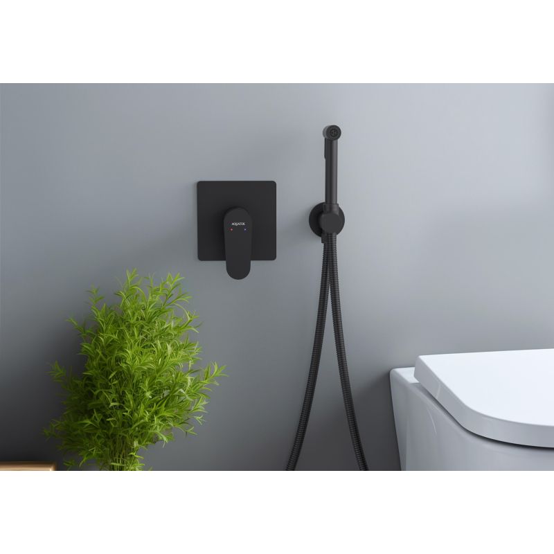 Набор с гигиеническим душем (смеситель + гигиеническая лейка + шланг + шланговое подсоединение с держателем) Aquatek, матовый черный AQ1219MB ОБЕРОН