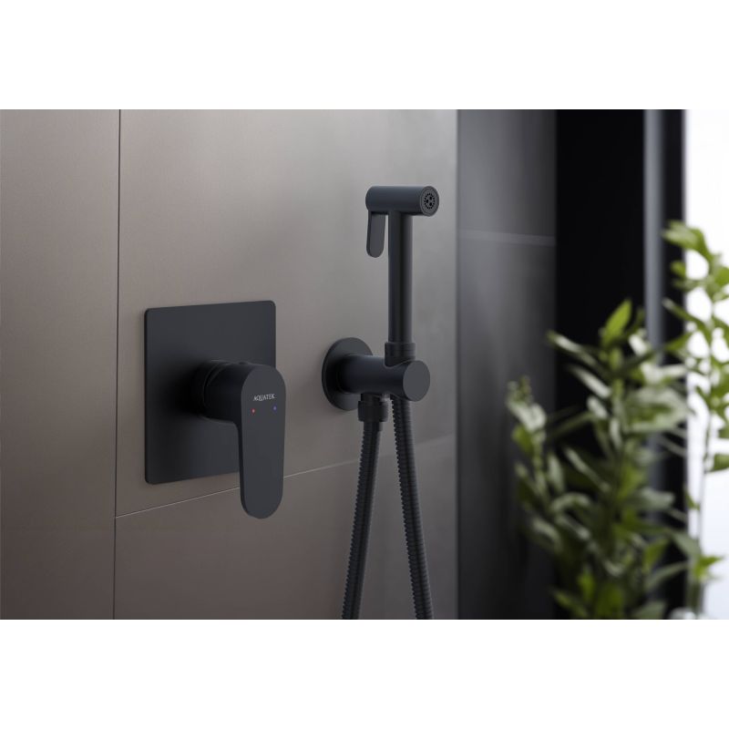 Набор с гигиеническим душем (смеситель + гигиеническая лейка + шланг + шланговое подсоединение с держателем) Aquatek, матовый черный AQ1219MB ОБЕРОН
