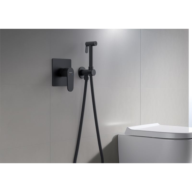 Набор с гигиеническим душем (смеситель + гигиеническая лейка + шланг + шланговое подсоединение с держателем) Aquatek, матовый черный AQ1219MB ОБЕРОН