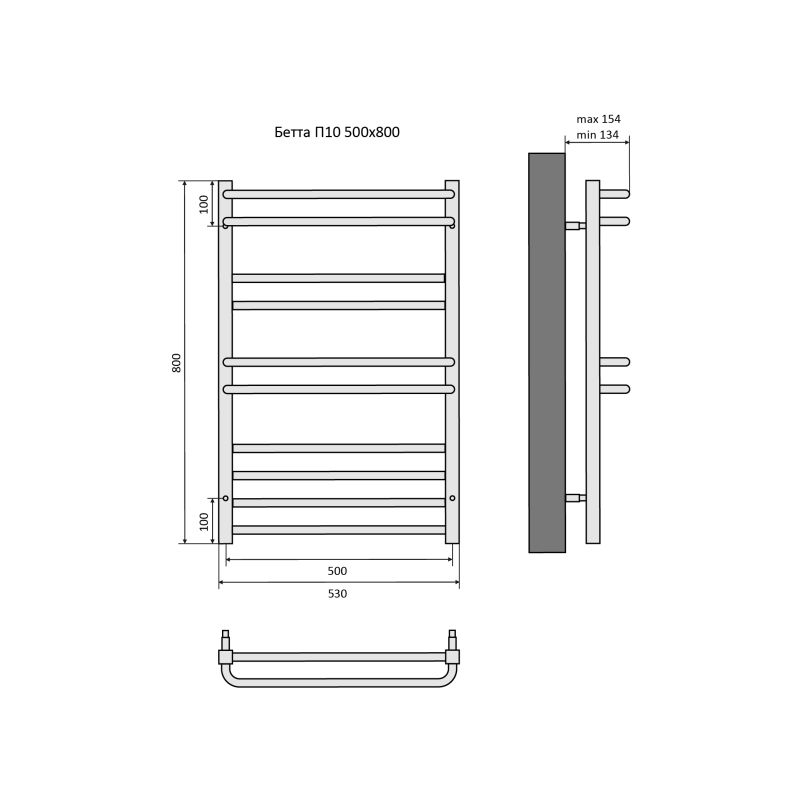 Полотенцесушитель водяной Aquatek  Бетта П10 500х800 мм, AQ KRC1080CH подключение нижнее/диагональное 