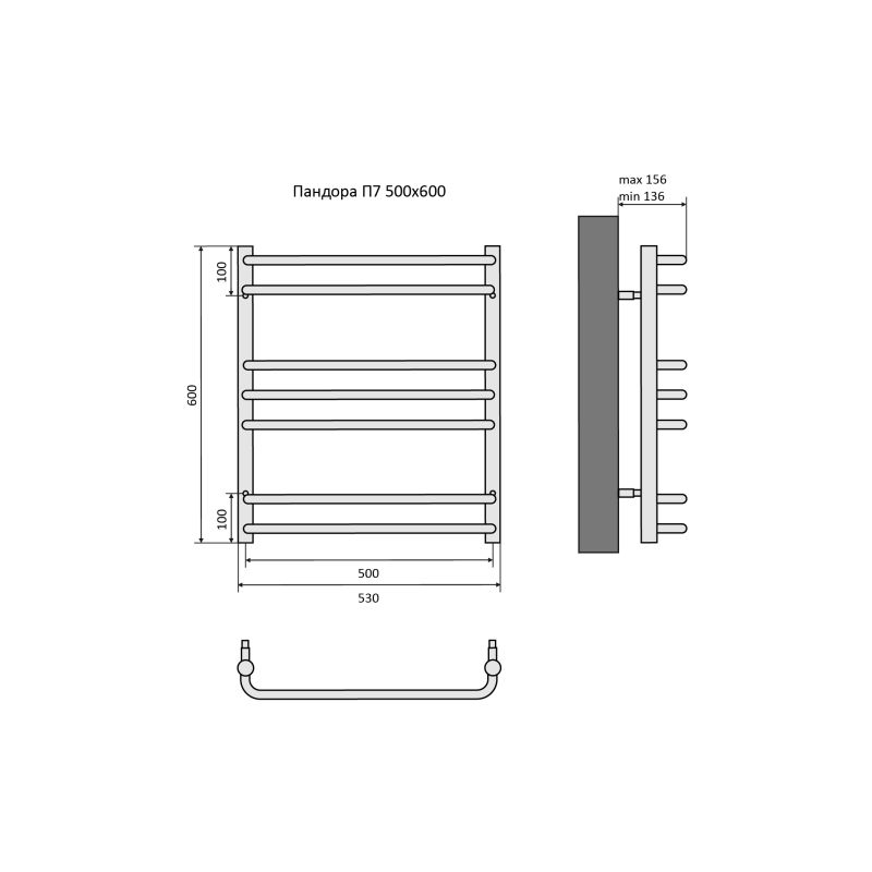 Полотенцесушитель водяной Aquatek  Пандора П7 500х600 мм, AQ RRС0760BL Черный, подключение нижнее/диагональное 