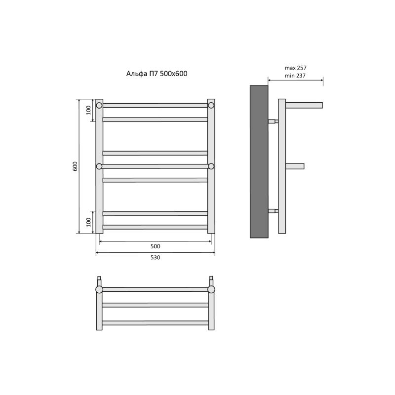 Полотенцесушитель водяной Aquatek  Альфа П7 500х600 мм, с полкой, Черный, подключение нижнее/диагональное 