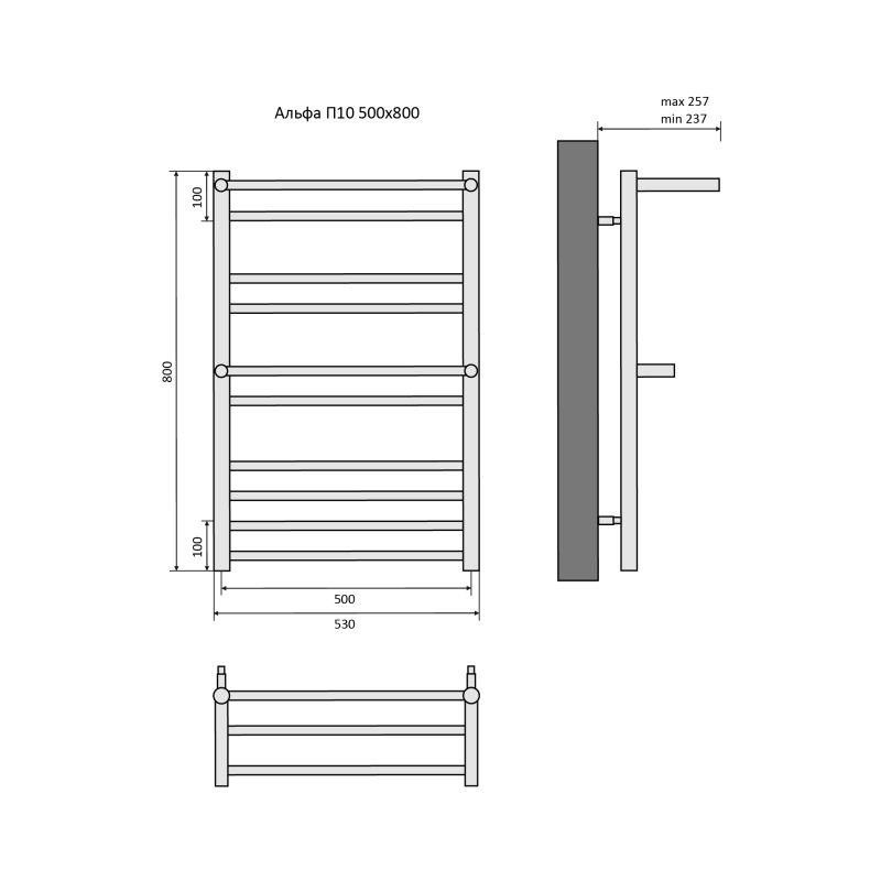 Полотенцесушитель водяной Aquatek  Альфа П10 500х800 мм, AQ RRP1080CH с полкой, подключение нижнее/диагональное 