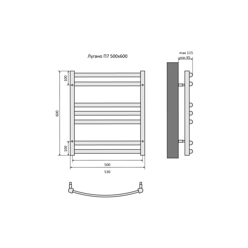 Полотенцесушитель водяной Aquatek  Лугано П7 500х600 мм, AQ DOC0760BL Черный, подключение нижнее/диагональное 
