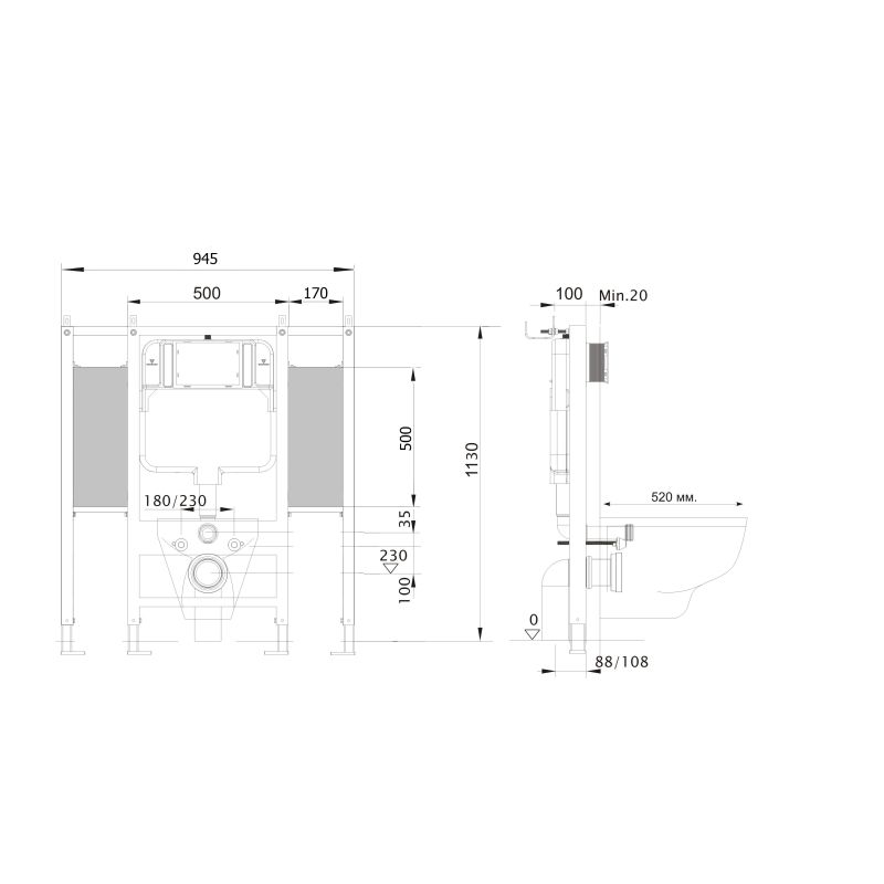 Инсталляция для подвесного унитаза для лиц с ограниченными возможностями (для установки поручней и опор) Aquatek INS-0000015, 1130*950*100 мм
