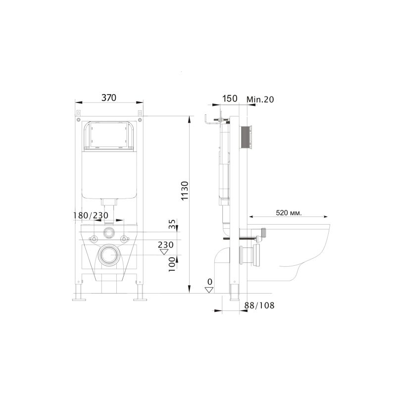 Инсталляция для подвесного унитаза узкая Aquatek Standart 37 INS-0000017 , 1130*370*150 мм, +звукоизоляционная прокладка