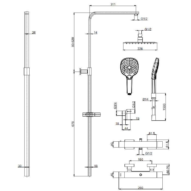 Душевая система AQUAme AQM8007MB с термостатом Черная матовая