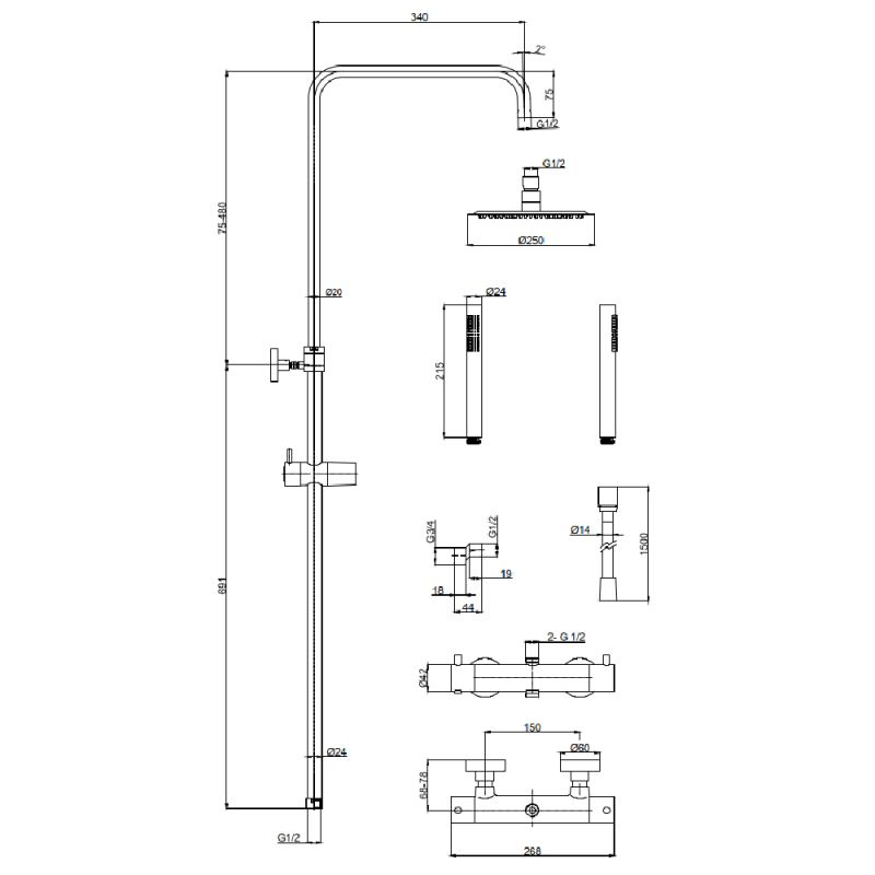 Душевая стойка AQUAme AQM8006BG шлифованное золото