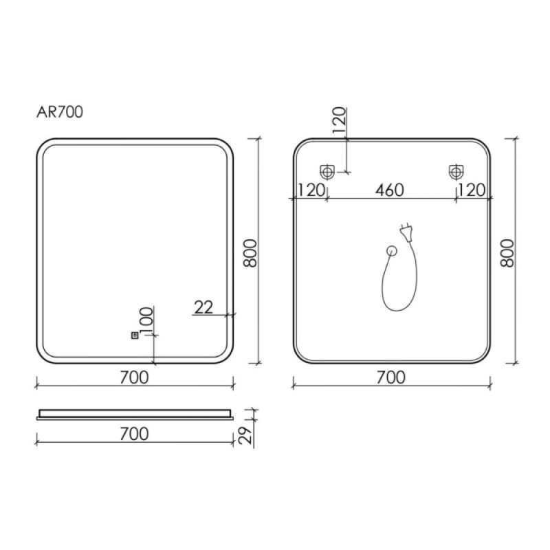 Зеркало Sancos Arcadia AR700, 70 x 80 см, с LED-подсветкой, сенсорный выключатель, холодный белый свет