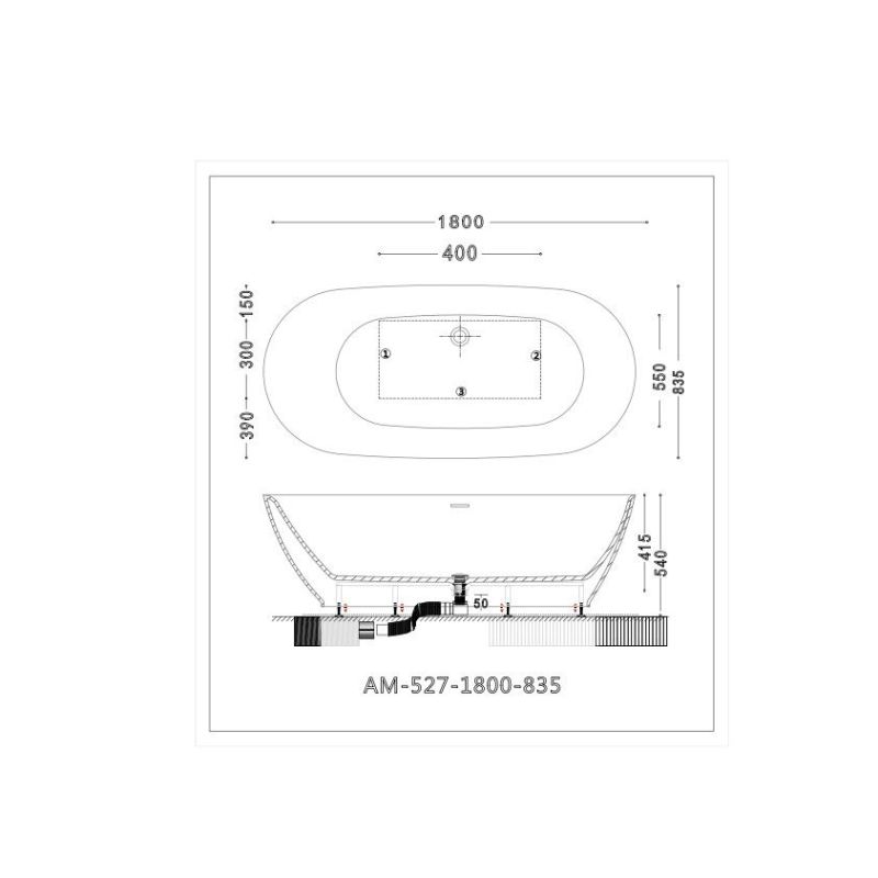 Акриловая ванна ARTMAX AM-527-1800-835 отдельно стоящая со сливом-переливом ,сифон в комплекте 