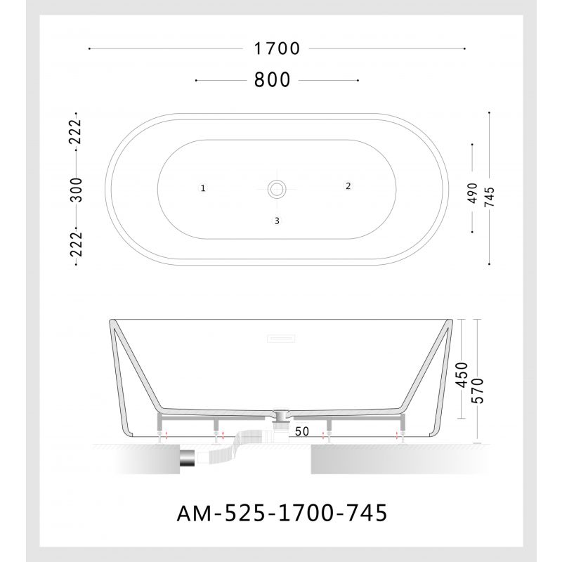 Акриловая ванна ARTMAX AM-525-1700-745 отдельно стоящая со сливом-переливом ,сифон в комплекте 