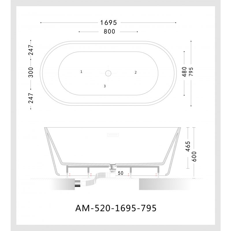 Акриловая ванна ARTMAX AM-520-1695-795 отдельно стоящая со сливом-переливом ,сифон в комплекте 