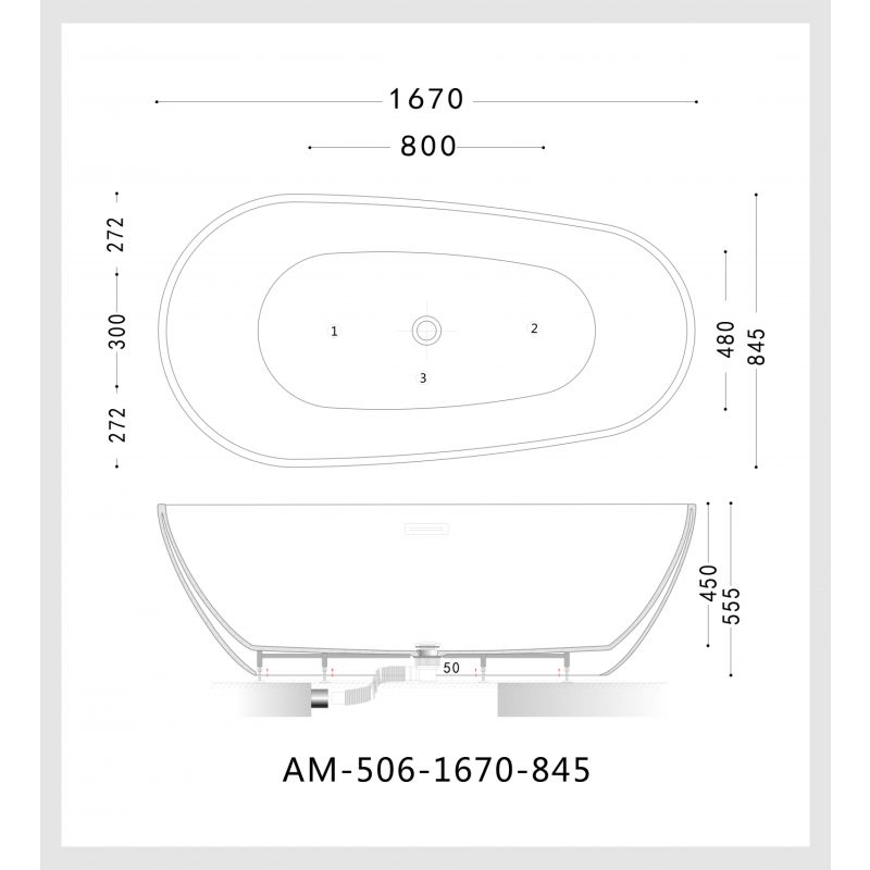 Акриловая ванна ARTMAX AM-506-1670-845 отдельно стоящая со сливом-переливом ,сифон в комплекте 
