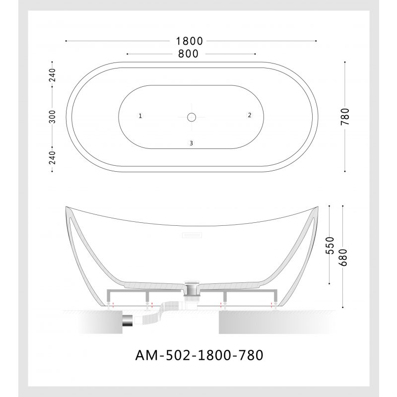 Акриловая ванна ARTMAX AM-502-1800-780 отдельно стоящая со сливом-переливом ,сифон в комплекте 