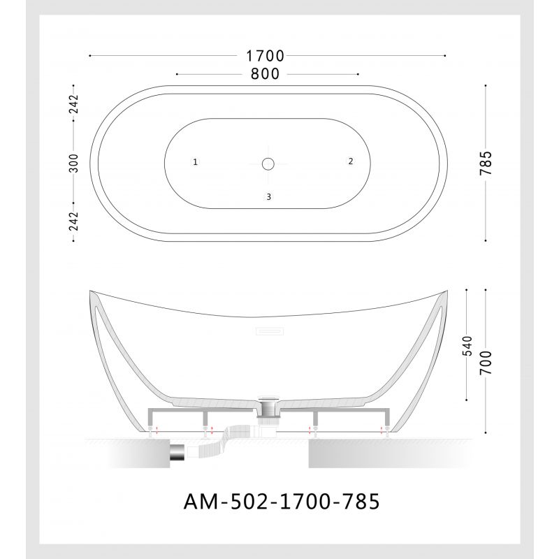 Акриловая ванна ARTMAX AM-502-1700-785 отдельно стоящая со сливом-переливом,сифон в комплекте 