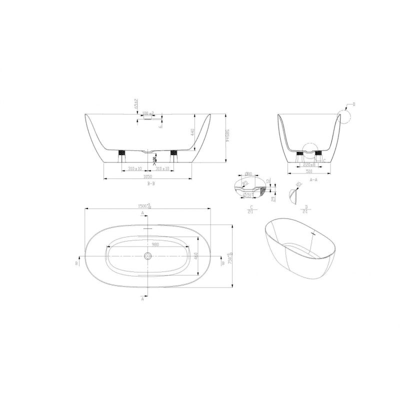 Ванна акриловая ART&MAX Genova AM-GEN-1500-750 отдельностоящая со сливом-переливом.Сифон приобретается отдельно