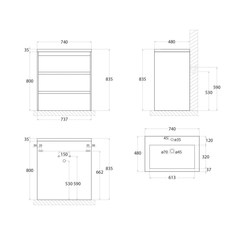 Тумба под раковину Art&Max Family-750-3C-PIA-PB Сканди