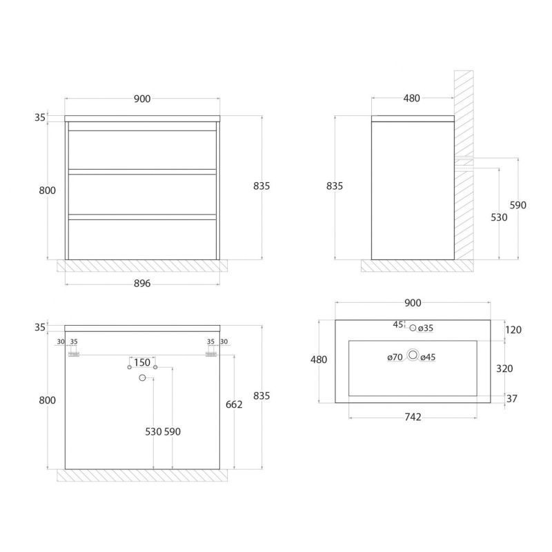 Тумба под раковину Art&Max Family-900-3C-PIA-PB Сканди