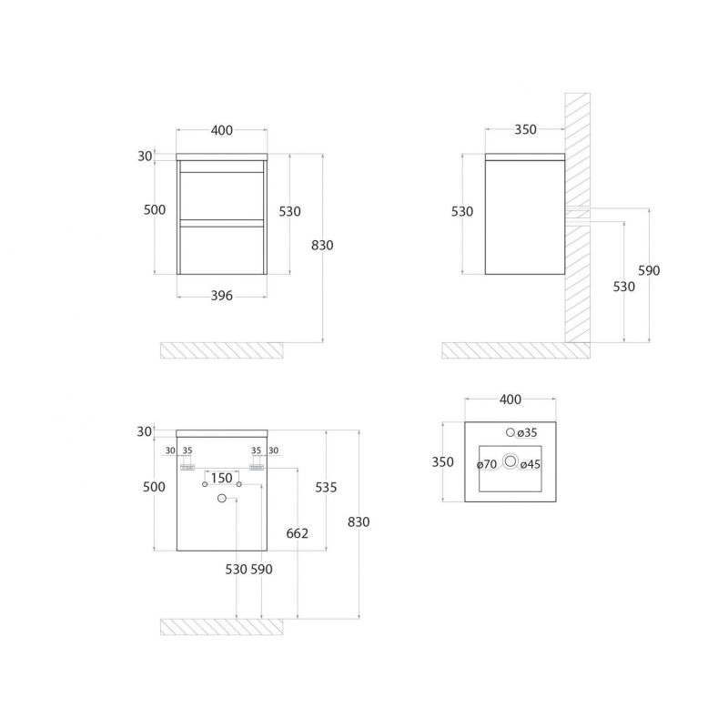 Тумба под раковину Art&Max Family 40 см подвесная, белый глянцевый, Family-400-2C-SO-BL