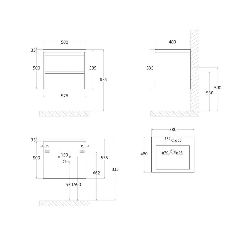 Тумба под раковину Art&Max Family Family-580-2C-SO-BL, 60 см, подвесная, цвет белый глянец