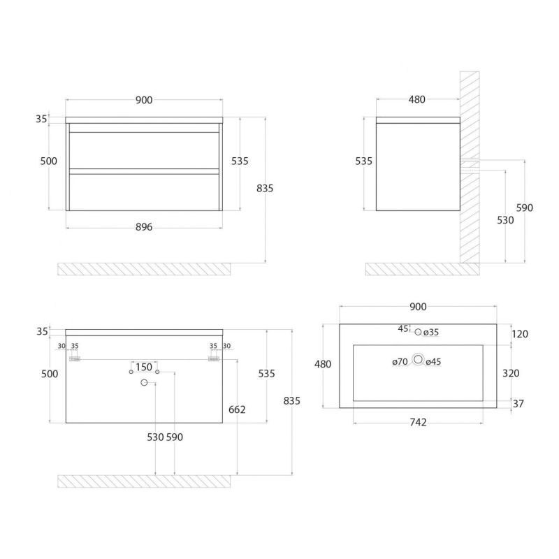 Тумба под раковину Art&Max Family Family-900-2C-SO-BL, 90 см, подвесная, цвет белый глянец