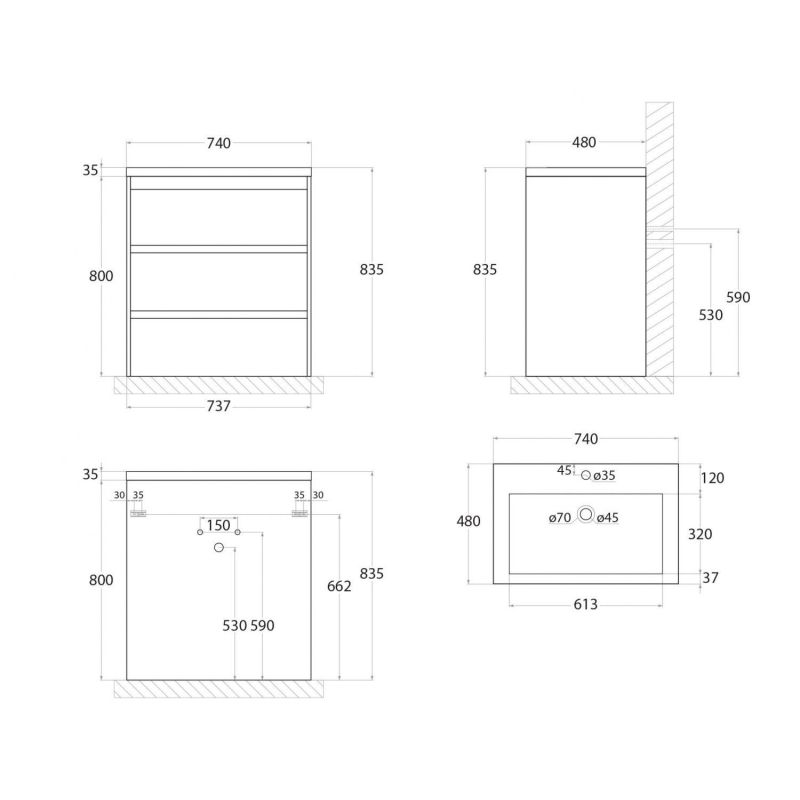 Тумба под раковину Art&Max Family FAMILY-750-3C-PIA-BL, 75 см, напольная, цвет белый глянец