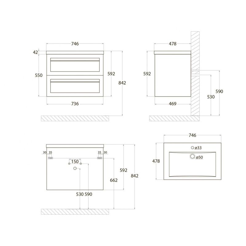 Тумба под раковину Art&Max AM-Platino-750-2C-SO-BL, 75 x 48 x 55 см подвесная, белый глянцевый