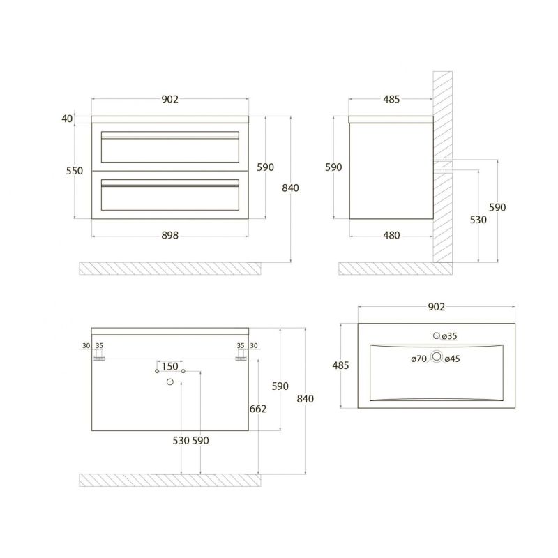 Тумба под раковину Art&Max AM-Platino-900-2C-SO-BL, 90 x 49 x 55 см подвесная, белый глянцевый