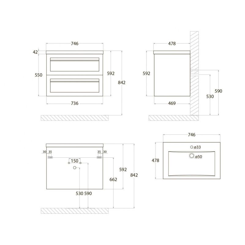 Тумба под раковину Art&Max Platino 75 см подвесная, светло-серый матовый, AM-Platino-750-2C-SO-GCM
