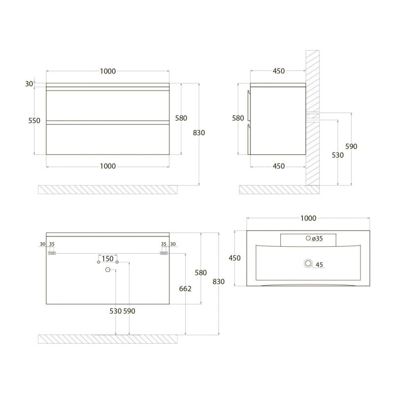 Тумба под раковину Art&Max AM-Bianchi-1000-2C-SO-BM, 100 x 45 x 55 см подвесная, белый матовый