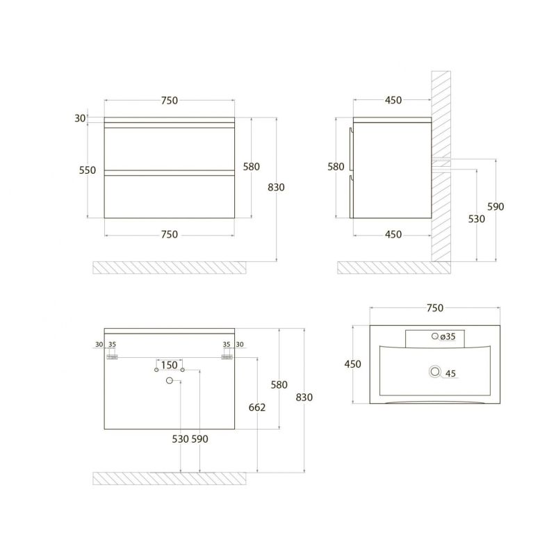Тумба под раковину Art&Max AM-Bianchi-750-2C-SO-BM, 75 x 45 x 55 см подвесная, белый матовый