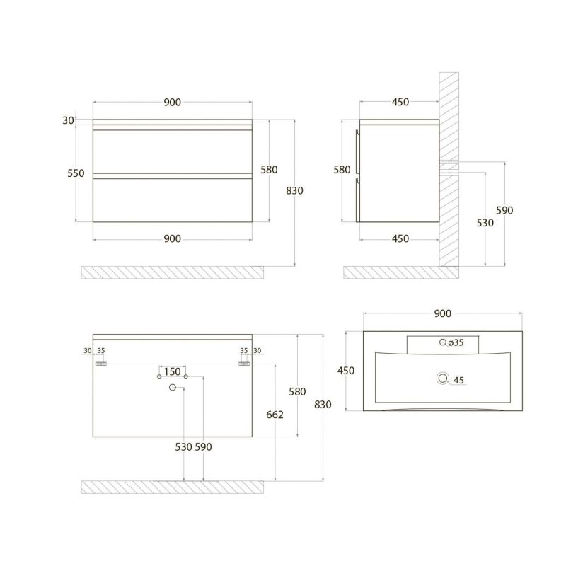 Тумба под раковину Art&Max AM-Bianchi-900-2C-SO-GM, 90 x 45 x 55 см подвесная, серый матовый