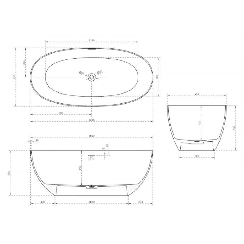 Ванна Abber Stein из искусственного камня 160 х 75 см, белая матовая, AS9624-1.6