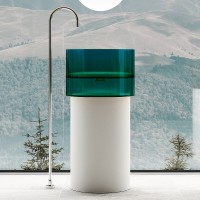 Раковина Abber Kristall AT2701White-Aquamarin, 45 х 45 см, слив в пол, цвет белый/бирюзовый