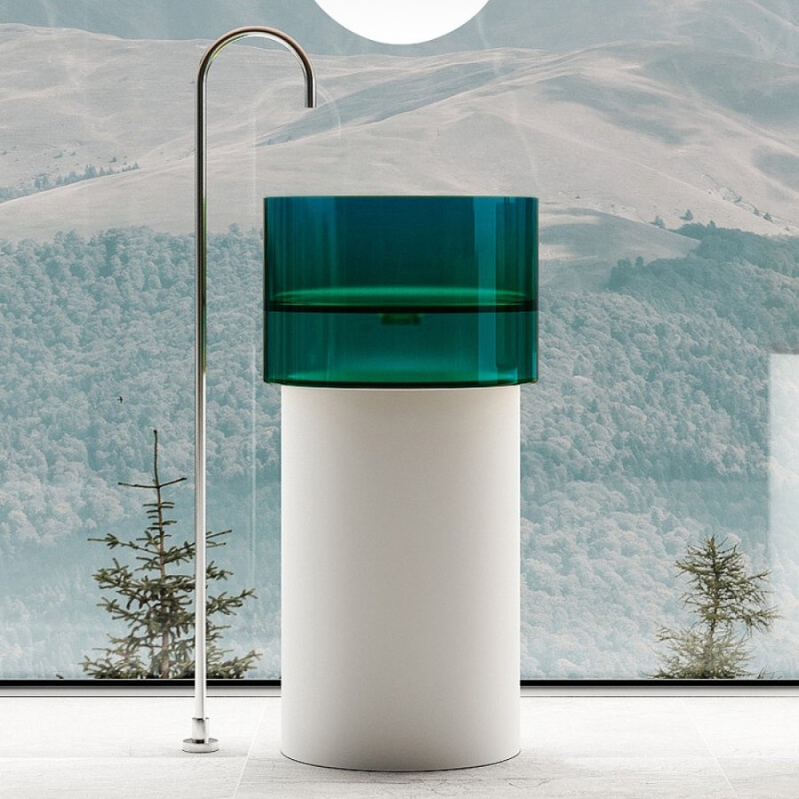 Раковина Abber Kristall AT2701White-Aquamarin, 45 х 45 см, слив в пол, цвет белый/бирюзовый