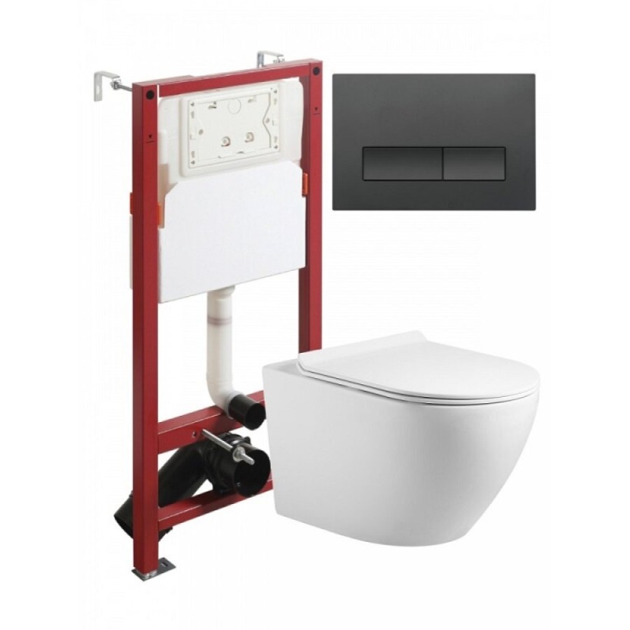 Инсталляция Agger ATI09150L+APB244, с подвесным безободковым унитазом, сиденье микролифт, Tornado, клавиша черная матовая