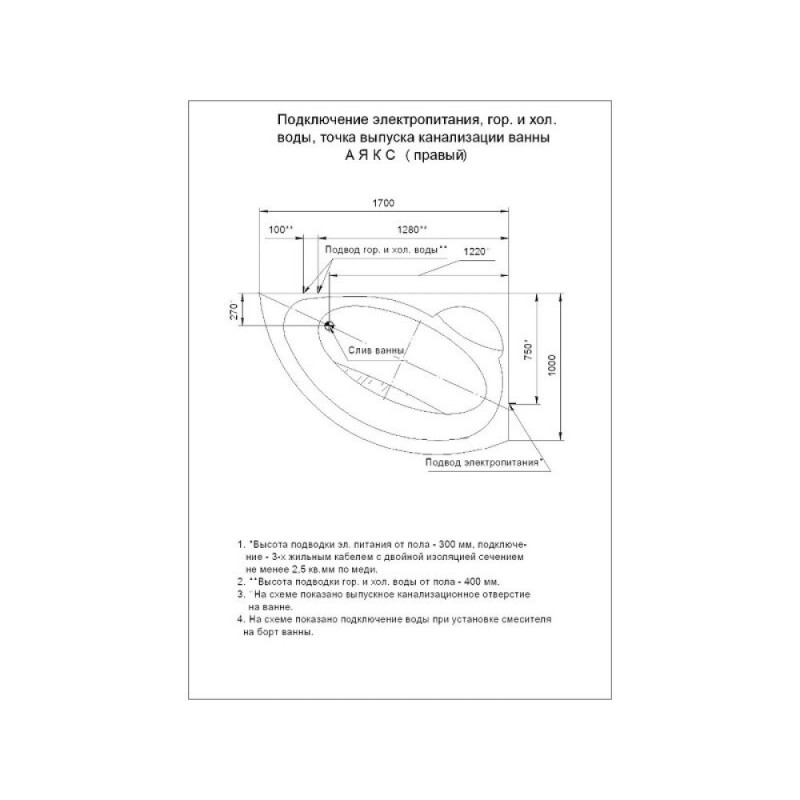 Ванна акриловая Aquatek Аякс 2 AYK170-0000005, 170 x 110 см, с каркасом, левая, белая