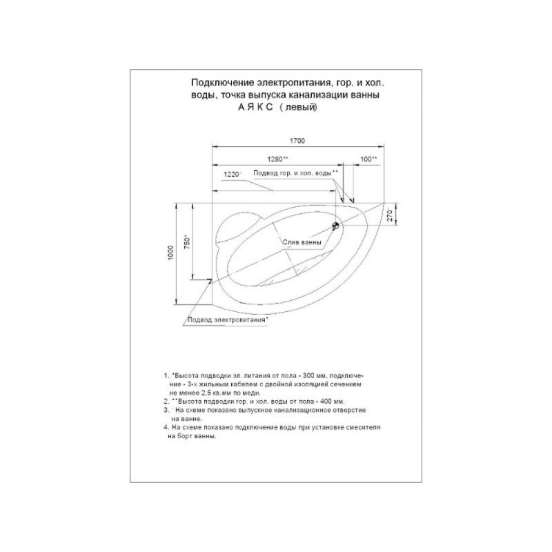 Ванна акриловая Aquatek Аякс 2 AYK170-0000005, 170 x 110 см, с каркасом, левая, белая