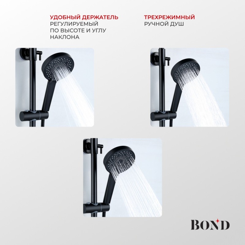 BOND B01-8188 Душевая система черная с тропическим душем и смесителем без излива