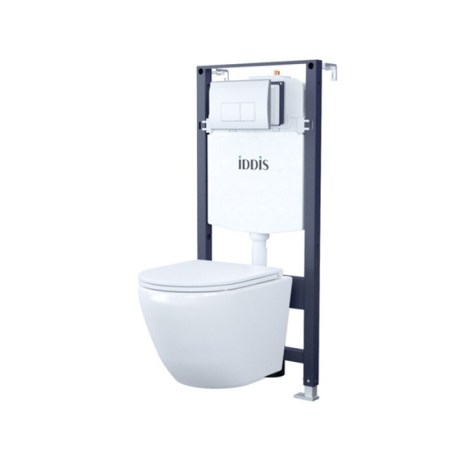 Инсталляция Iddis Basic Profix BASB010i73, подвесной безободковый унитаз Blanco, сантехфарфор, сиденье микролифт, клавиша Unifix хром