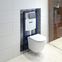 Инсталляция Iddis Basic Profix BASB020i73, подвесной безободковый унитаз Blanco, сантехфарфор, сиденье микролифт, клавиша Unifix черная матовая