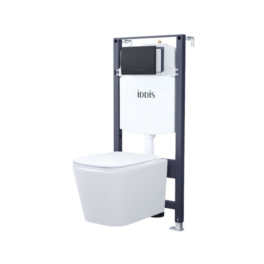 Инсталляция Iddis Basic Profix BASBI02i73, подвесной безободковый унитаз Blanco, сантехфарфор, сиденье микролифт, клавиша Unifix черная матовая