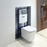 Инсталляция Iddis Basic Profix BASBI02i73, подвесной безободковый унитаз Blanco, сантехфарфор, сиденье микролифт, клавиша Unifix черная матовая