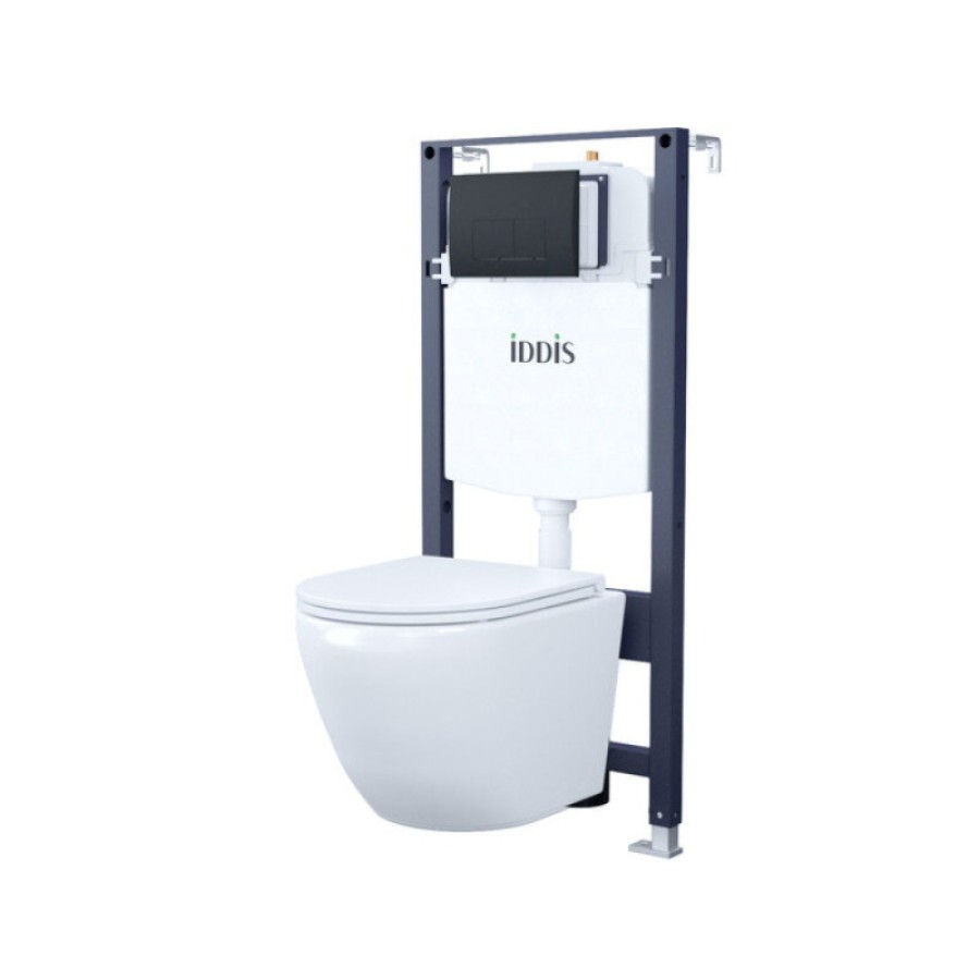 Инсталляция Iddis Basic Profix BASBQ02i73, подвесной безободковый унитаз Blanco Q, сантехфарфор, сиденье микролифт, клавиша Unifix черная матовая