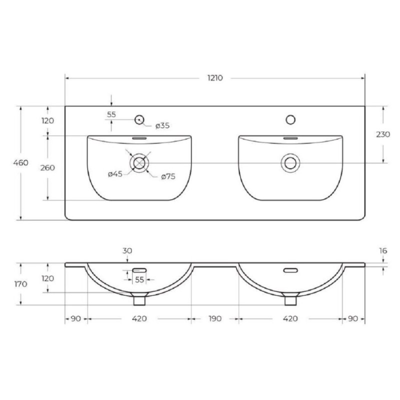 Раковина BelBagno Uno BB-8099-120-2, 121 см, керамика, белый