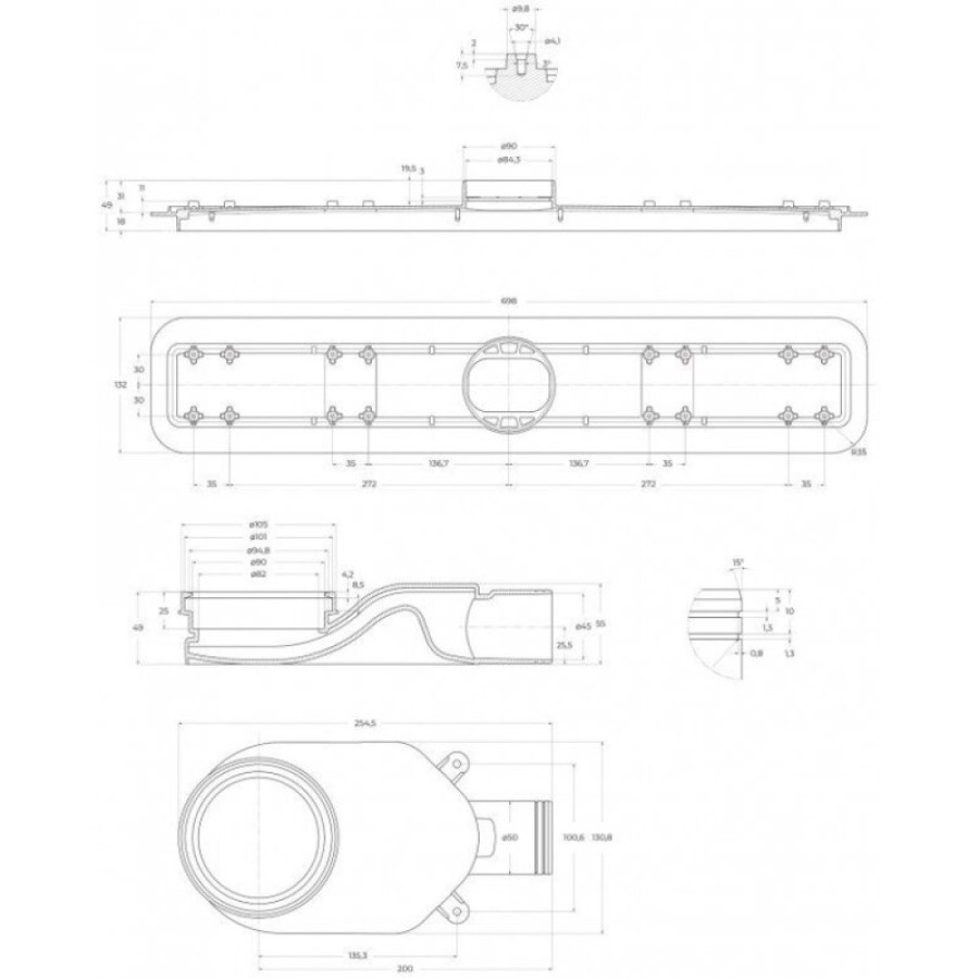 Дренажный канал BelBagno Luce BB-LD-LUCE-70-BIANCO, 70 см, с решеткой под плитку, цвет белый матовый